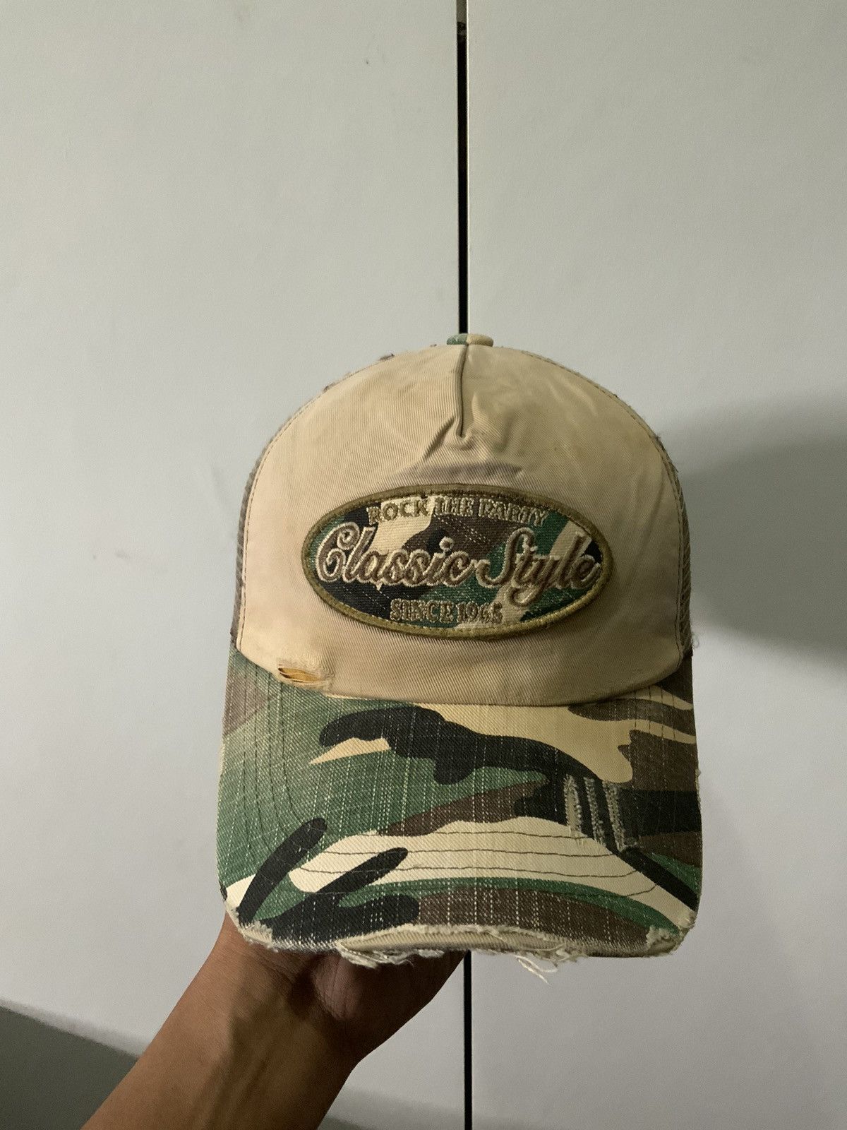 Japanese Brand Rock the Party Camoflauge Distressed Woodland Trucker Hat Size ONE SIZE - 1 Thumbnail