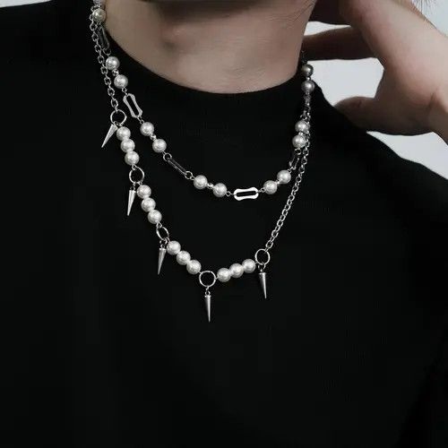Jewelry Rivet Pearl Tassel Necklace – Layered Silver Size ONE SIZE - 3 Thumbnail