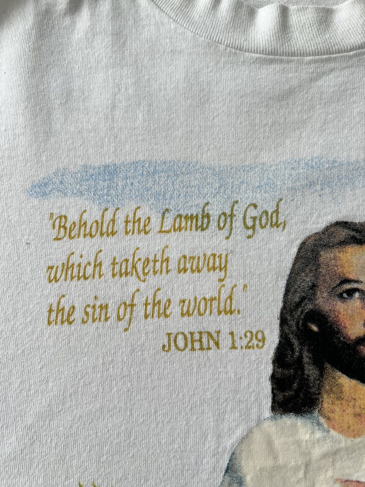 Vintage Vintage 90s Jesus Christ John 1:29 Made in USA White T-shirt Size US L / EU 52-54 / 3 - 4 Thumbnail