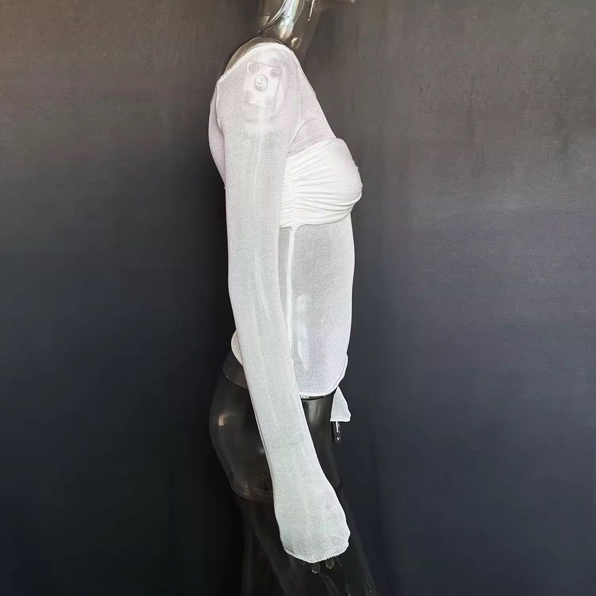 Japanese Brand Chic Mesh Long Sleeve Top - Knot Front, Stylish Size M / US 6-8 / IT 42-44 - 5 Thumbnail