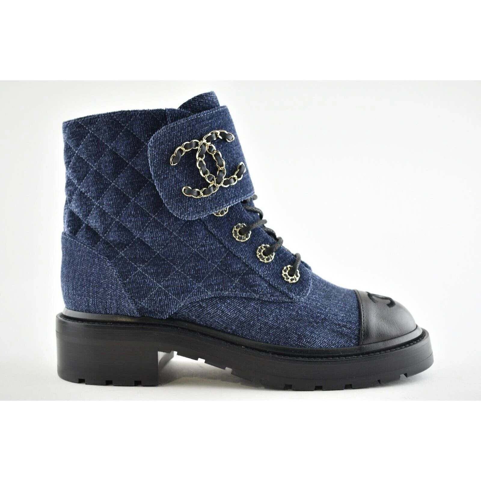 Chanel 21A Blue Black Quilted CC Chain Combat Lace Up