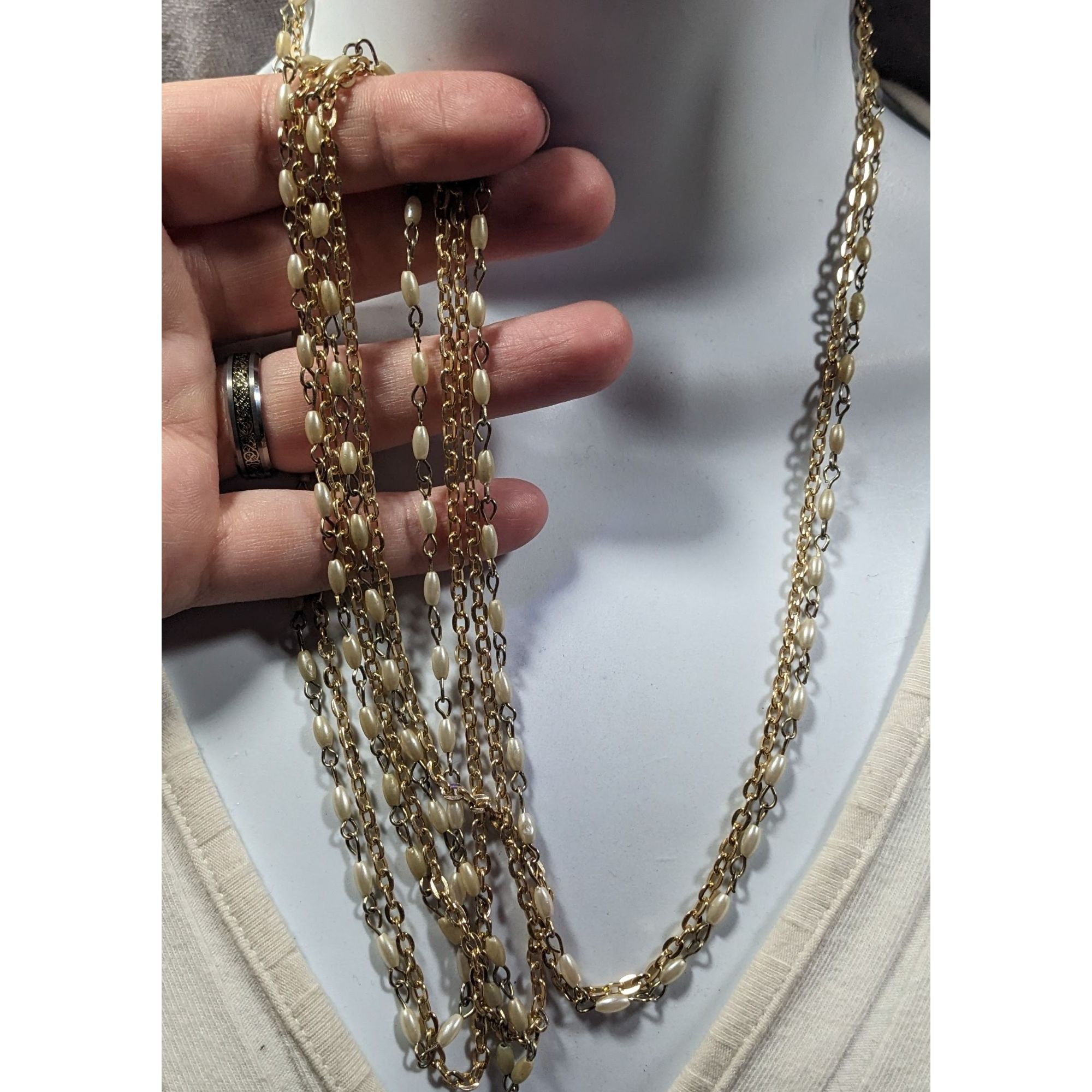 Other Elegant Hollywood Pearl Gold Tone Chain Double Layer Opera N Size ONE SIZE - 2 Thumbnail