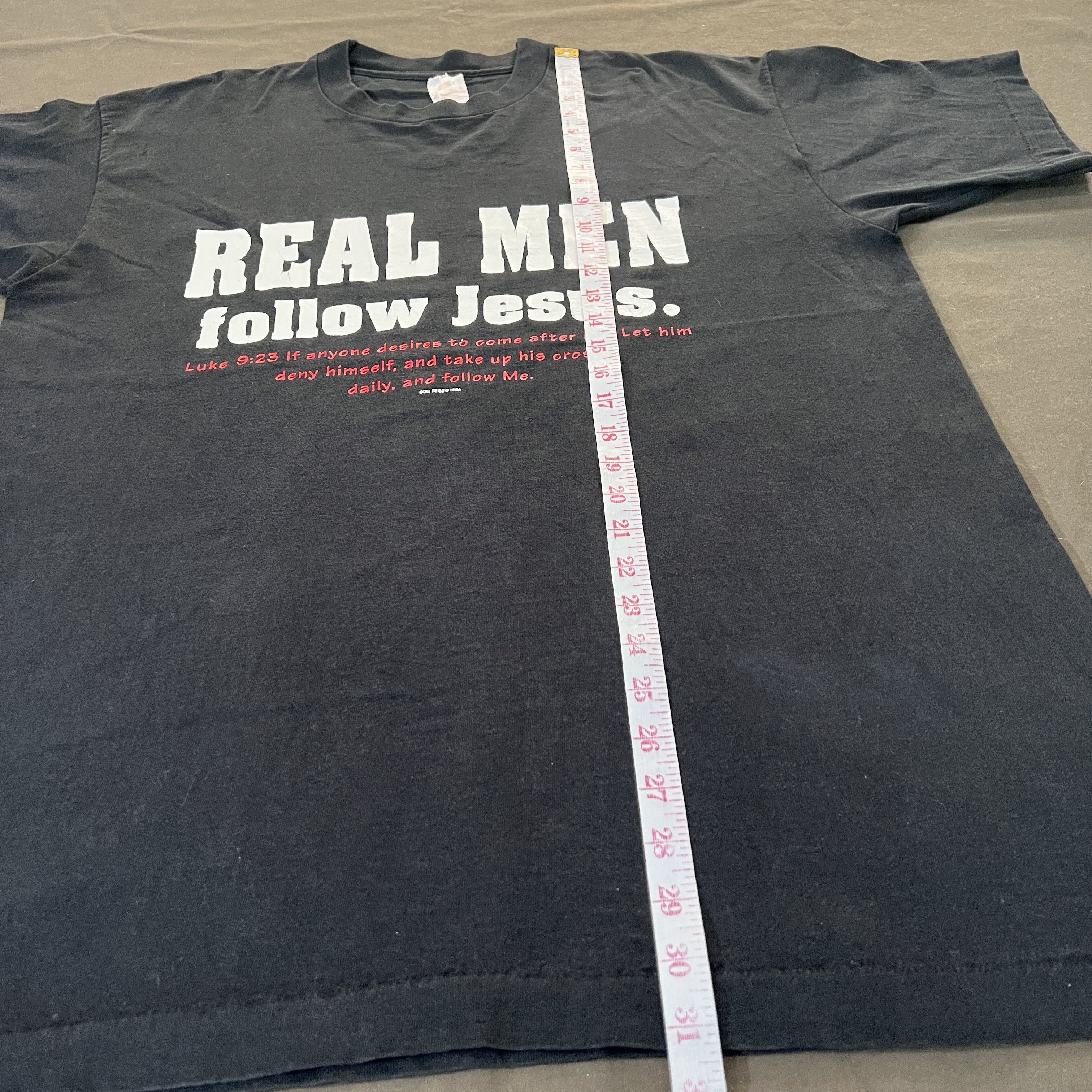 Vintage Vintage 90s real men follow Jesus God Bible Holy Tee Faded Size US XL / EU 56 / 4 - 8 Thumbnail
