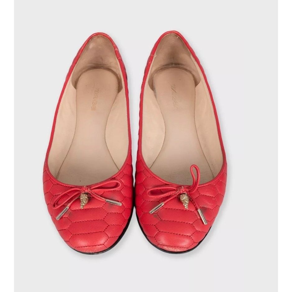 Roberto Cavalli Roberto Cavalli Red Quilted Leather Flats EU 37 Size US 6 / IT 36 - 2 Thumbnail