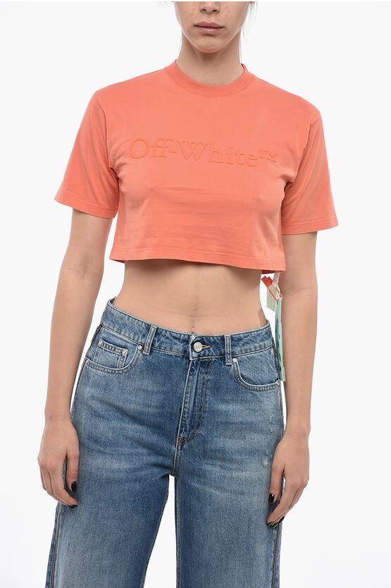 image of Off White Cropped Laundry T-Shirt With Embossed Logo in Orange, Women's (Size 2XS)