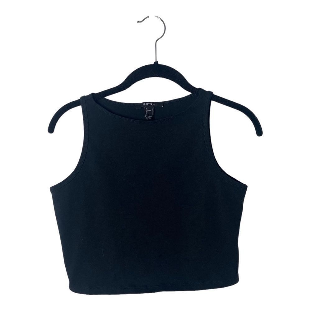 Forever 21 Forever 21 Black Ribbed High Neck Crop Tank Top - Size L Size L / US 10 / IT 46 - 2 Thumbnail
