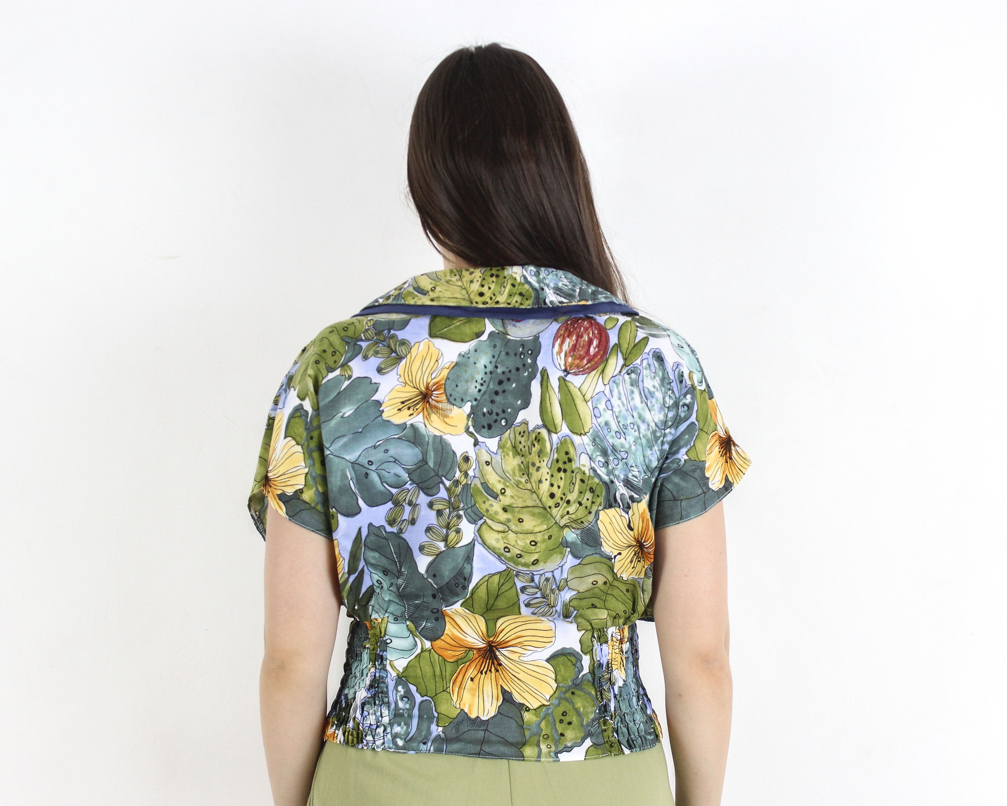 Other × Vintage Cropped Blouse Button Up Shirt Short Sleeves Floral Print Size L / US 10 / IT 46 - 3 Thumbnail