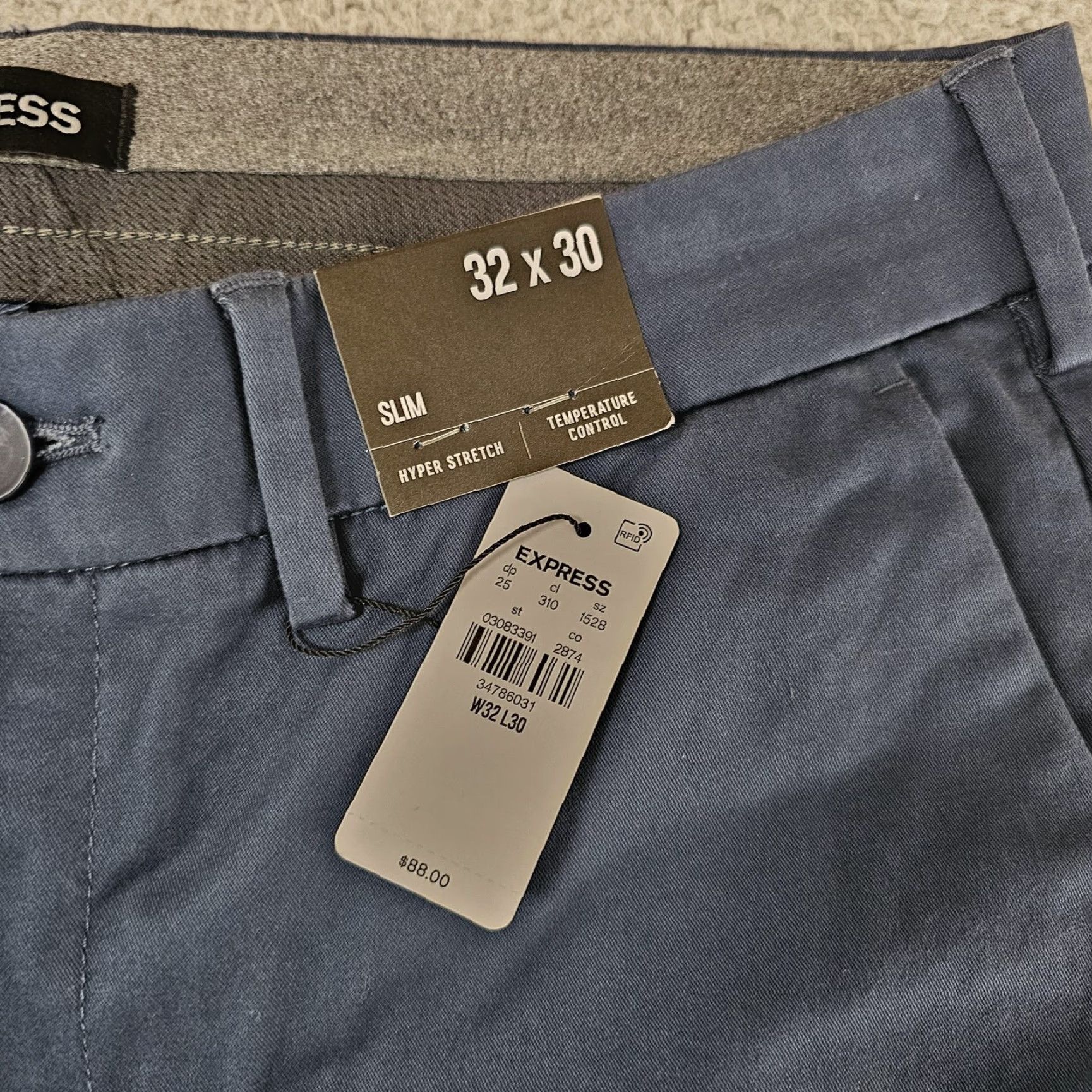 Express Express Chino Pants Mens 32x28 Blue Hyper Stretch Slim Tech Size US 32 / EU 48 - 3 Thumbnail
