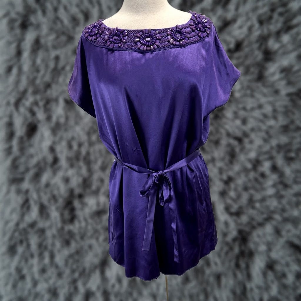 Alice + Olivia Alice + Olivia 100% Silk Mini Shift Dress Women’s XS Purple Beaded Neck Belted Size XS / US 0-2 / IT 36-38 - 1 Thumbnail
