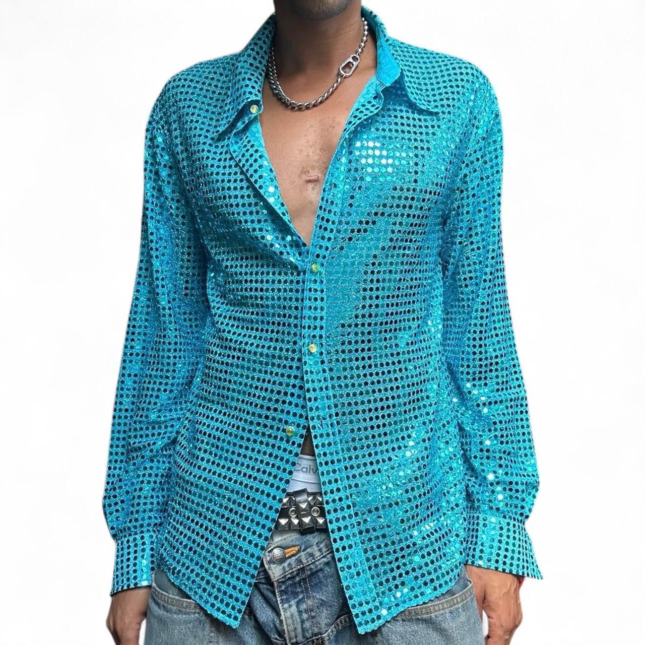 Acne Studios ACNE BLUE TURQUOISE BUTTON UP SEQUIN SHIRT _ SIZE 54 Size US XL / EU 56 / 4 - 8 Thumbnail