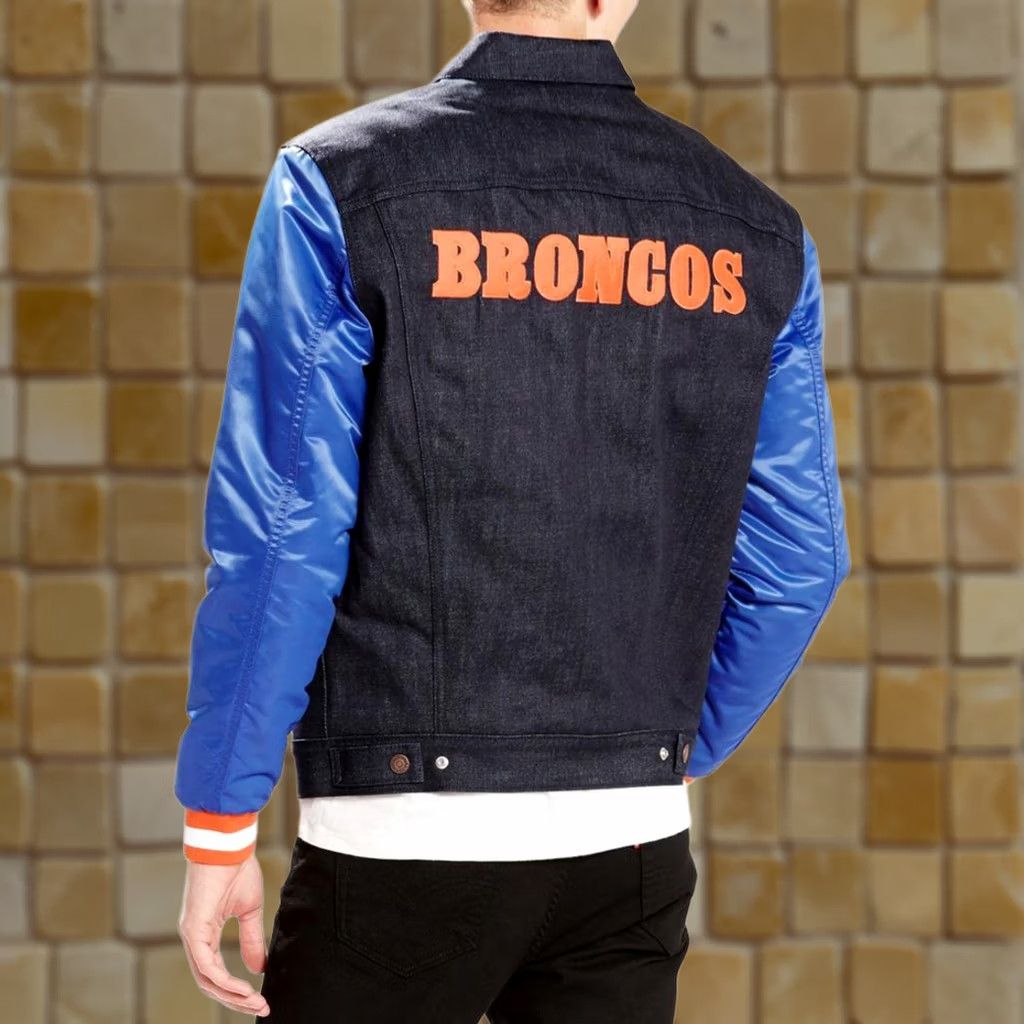 Levi's VINTAGE? NEW MENS NFL LEVIS STRAUSS DENIM DENVER BRONCOS VARISTY TRUCKER JACKET XL Levi's Trucker Jacket Blue Denver Broncos Sports Men XL Jacket Size US XL / EU 56 / 4 - 1 Preview