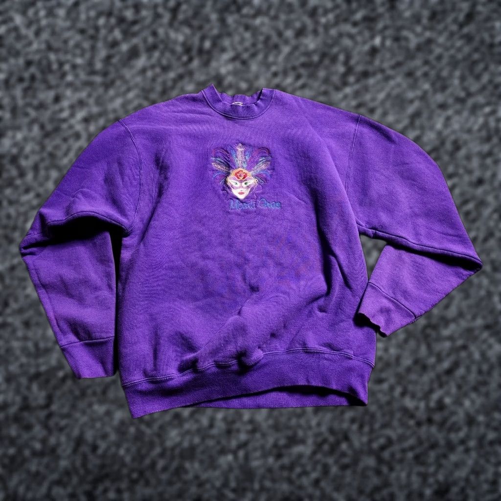Fruit Of The Loom Vintage Fruit of the Loom Sweatshirt Mens XL New Orleans Mardi Gras Embroidered Distress Purple Crew Neck Pullover City Holiday Retro USA Size US XL / EU 56 / 4 - 1 Thumbnail