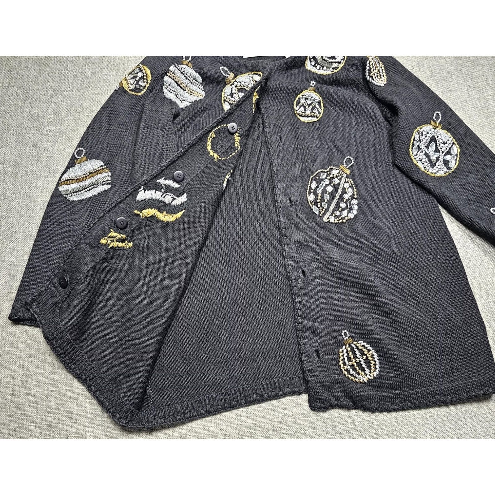 Vintage Michael Simon Cardigan Sweater Womens 2 Black Christmas Ornaments 90s, Women's (Size Xs) — image 4 of 6