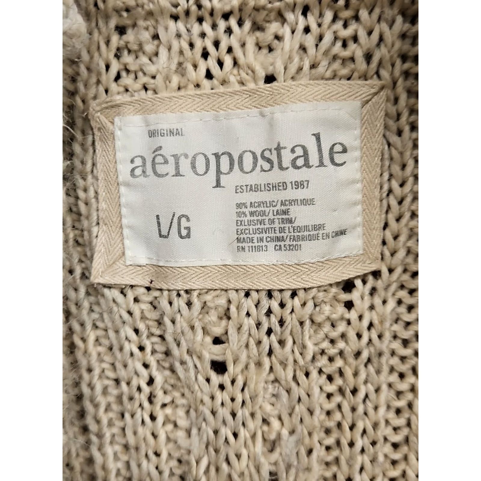 Vintage Aéropostale Cardigan Sweater Women's L Cream Cable Knit Open Front Chunky Wool Knit Size L / US 10 / IT 46 - 7 Thumbnail
