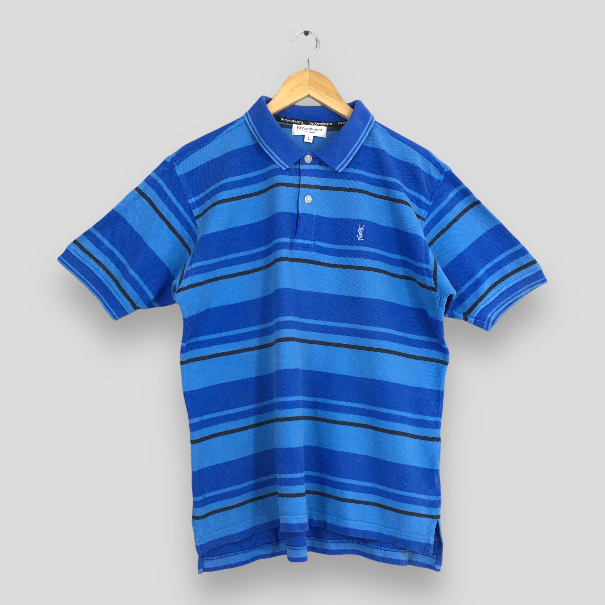 image of Vintage x YSL Pour Homme 90's YSL YVES Saint Laurent Polo Stripes Blue Shirt Large in Striped, Men'