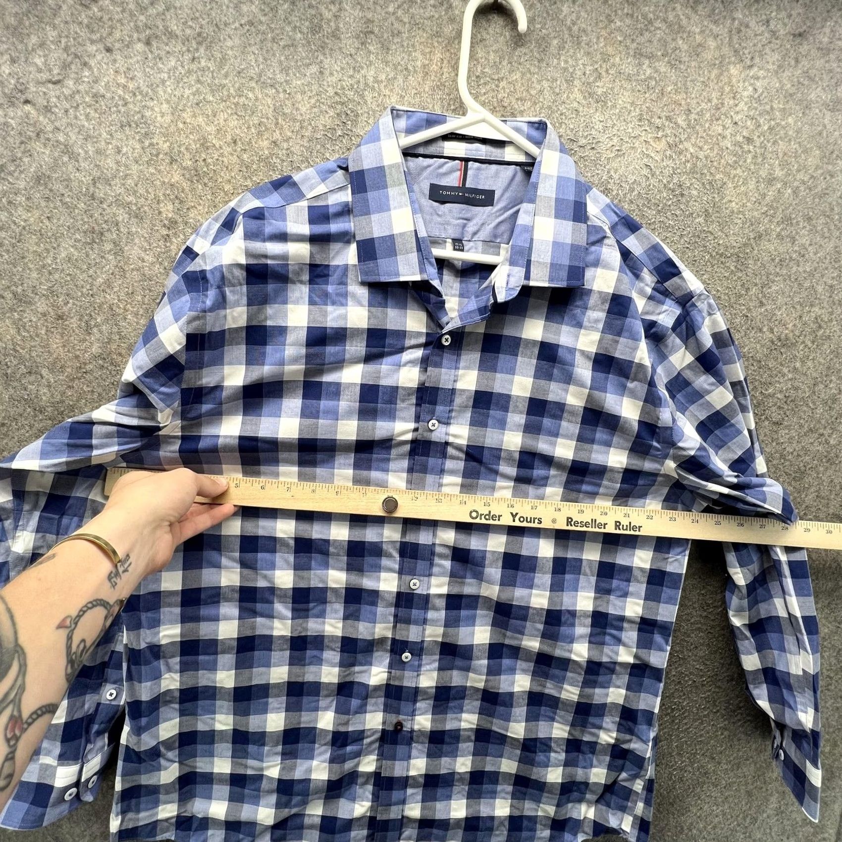 Tommy Hilfiger Tommy Hilfiger Dress Shirt Mens 17.5 32/33 Blue Check Slim Non Iron Long Sleeve Shirt Size 48R - 6 Thumbnail