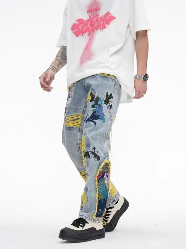 VIBE Retro heavy embroidery ripped washed distressed jeans Size US 31 - 5 Thumbnail