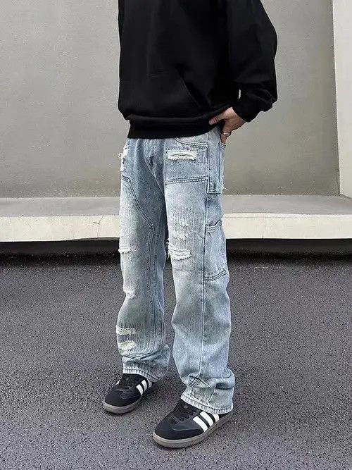 Jean Street Hip Hop Washed Ripped Wide Leg Jeans Size US 34 / EU 50 - 3 Thumbnail