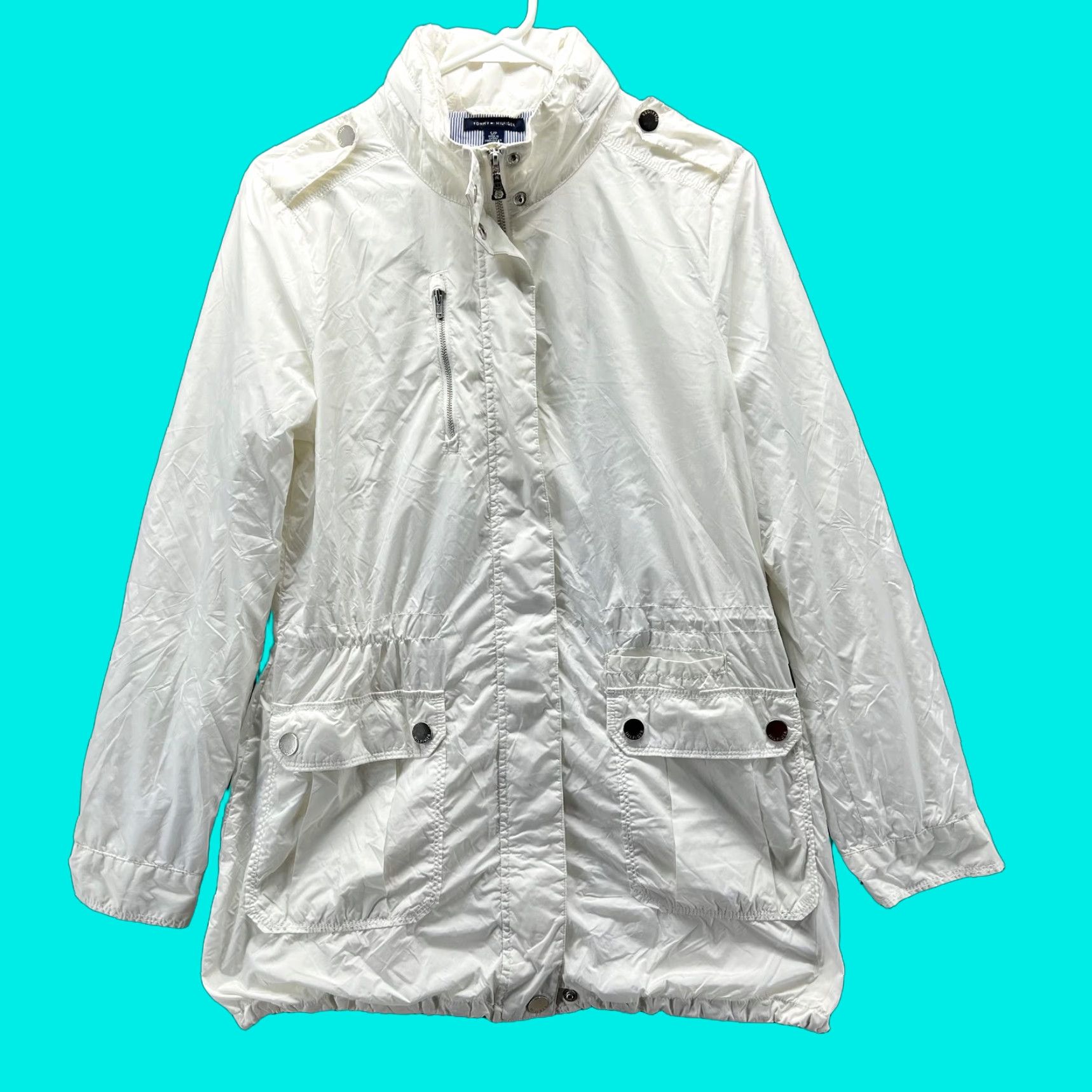 Tommy Hilfiger Tommy Hilfiger Rain Coat Womens Small White Hooded Nylon Zip Windbreaker Jacket Size S / US 4 / IT 40 - 1 Thumbnail