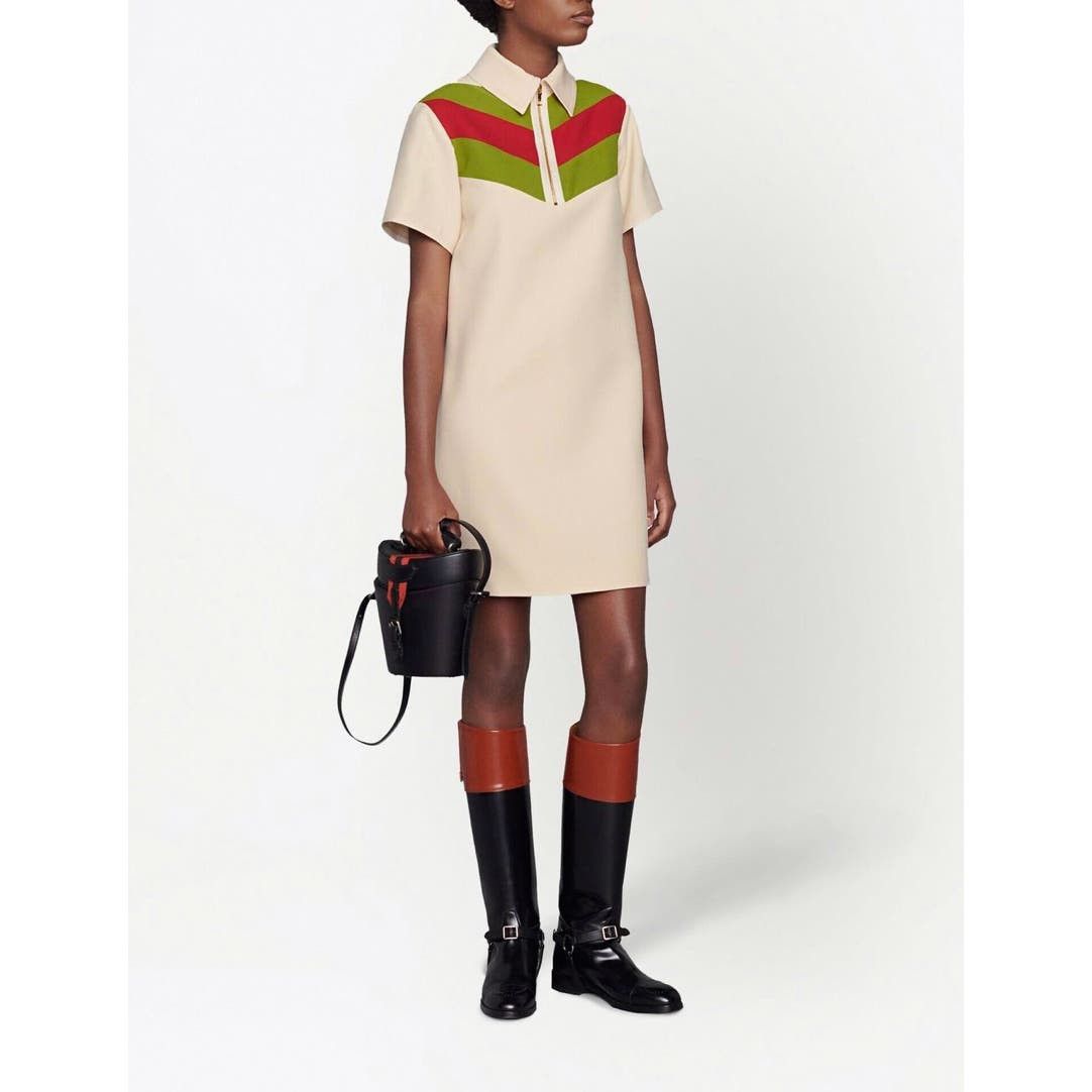 image of Gucci Chevron Silk Wool Web Short Sleeve Mini Dress 40, Women's (Size Small)