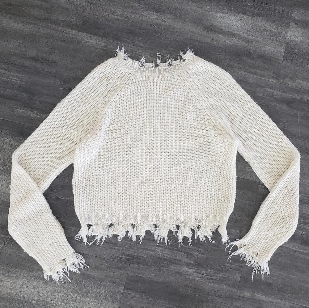 Designer White Distressed Trim FCT Cropped Sweater Size XL / US 12-14 / IT 48-50 - 2 Thumbnail