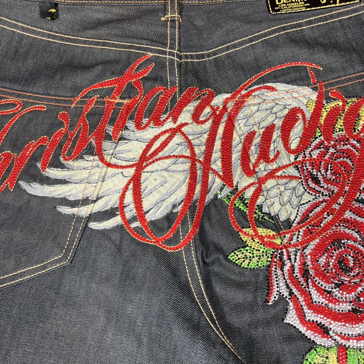 Ed Hardy Christian Audigier Denim Y2K Streetwear Shorts Skull Roses Size US 34 / EU 50 - 8 Thumbnail