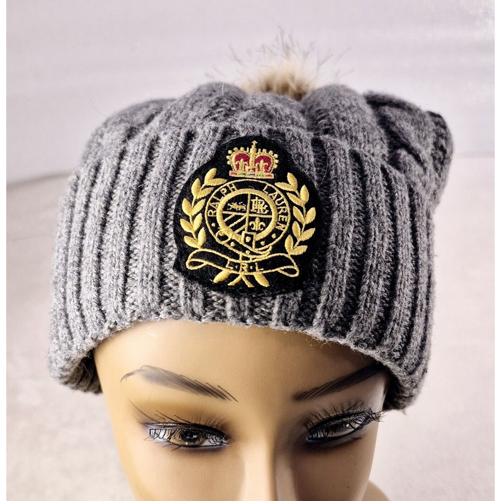 Lauren Ralph Lauren Ralph Lauren Knit Pom Beanie Logo Crest Cuff Hat Gray OSFM Size ONE SIZE - 3 Thumbnail