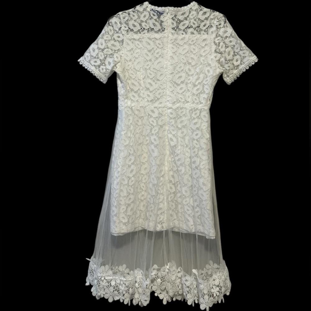 Designer White Lace Midi Dress with Tulle Overlay Size S / US 4 / IT 40 - 3 Thumbnail