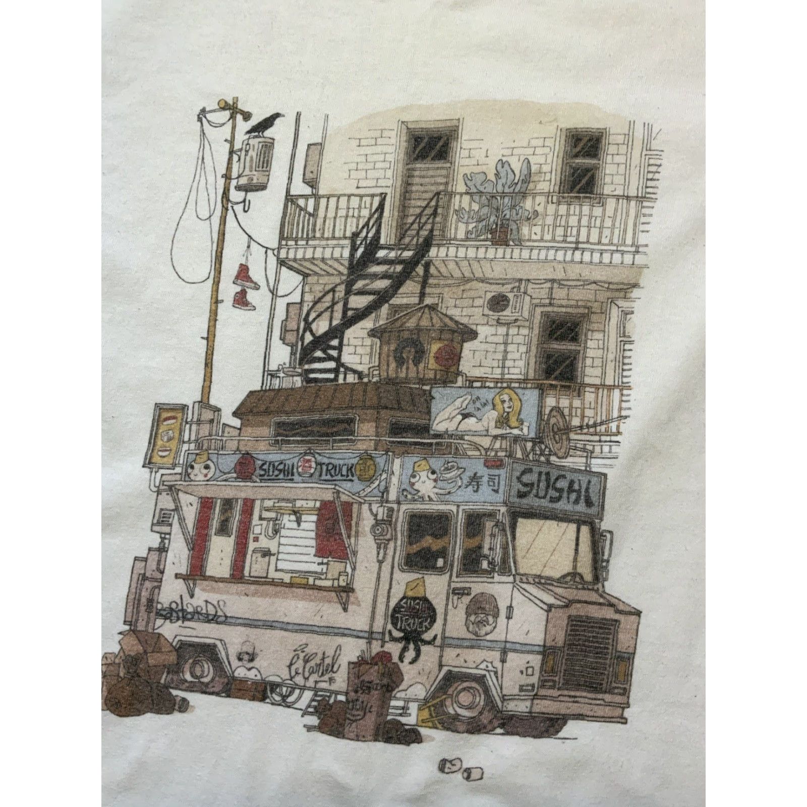 Vintage Le Cartel Montreal Sushi Food Truck Graphic White Crewneck Cotton S/S T-Shirt MD Size US M / EU 48-50 / 2 - 2 Thumbnail