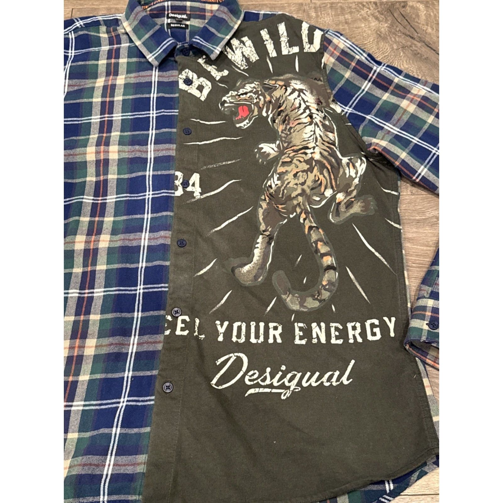 Desigual Desigual Plaid Flannel Shirt Tiger Print Front Button-Up Men XXL Multicolor Plaid Tiger Print Casual Workwear 100% Cotton Button-Up Men Front Shirt Size US XL / EU 56 / 4 - 3 Thumbnail