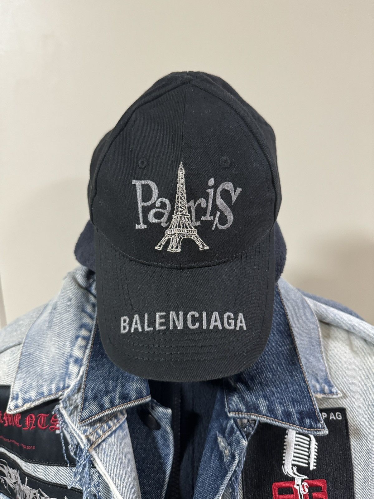 image of Balenciaga Paris Embroidered Tourist Cap Eiffel Tower in Black, Men's