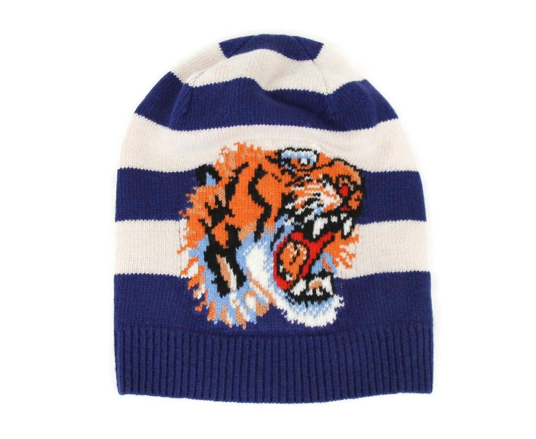 Gucci Men's Blue / White Striped Wool Knit Beanie Hat With Tiger Size ONE SIZE - 1 Thumbnail