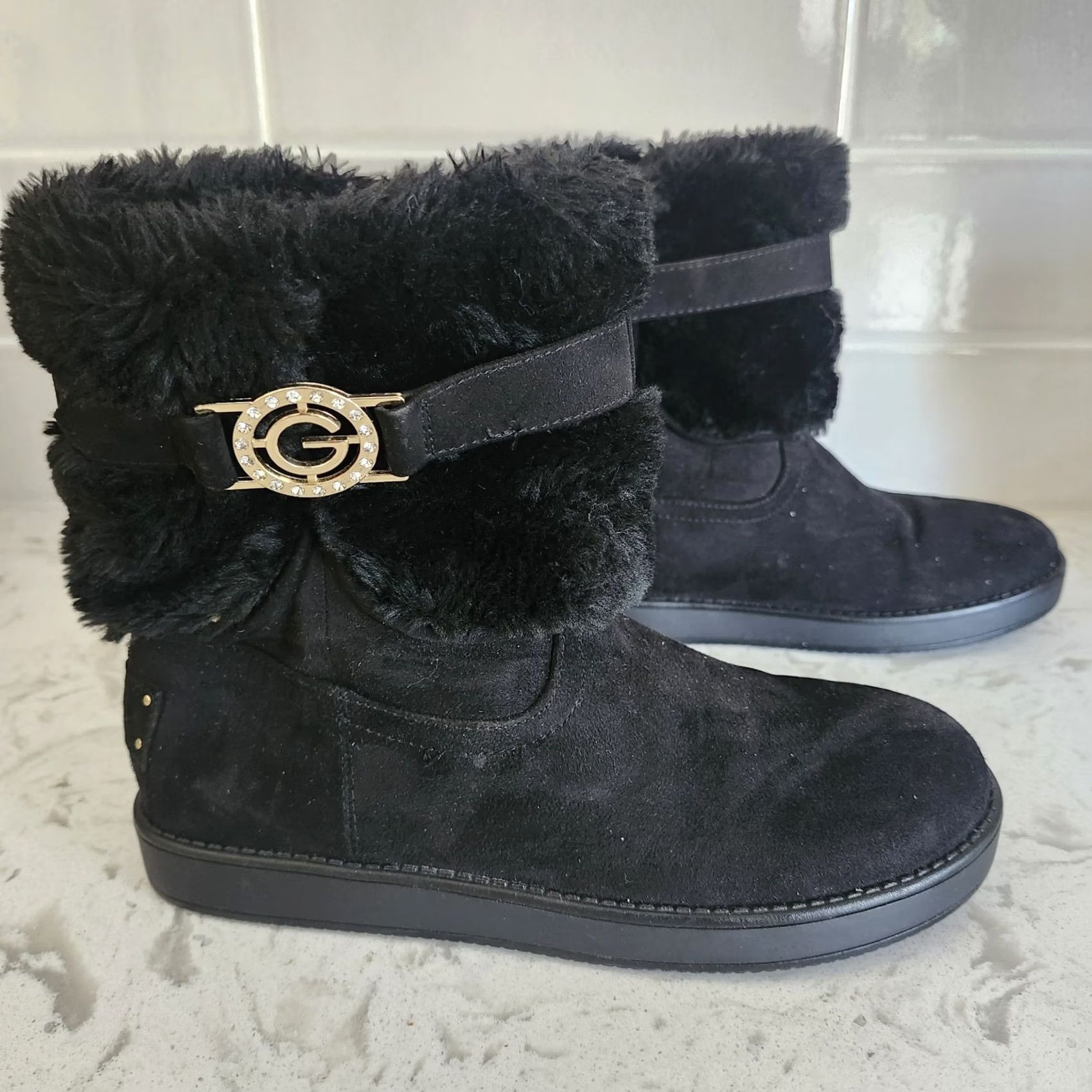 Guess G by Guess Gallion Boots Mid-Calf Womens US 7M Black Faux Fur Lined Fur Trim Medallion Logo Winter Boot Size US 7 / IT 37 - 3 Thumbnail