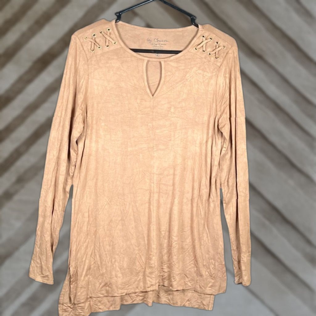 Vintage Chicos Womens Blouse Brown High Low Tunic Keyhole Lace Up Shoulder Stretch Crew Neck Long Sleeve Regular S Shirt Size S / US 4 / IT 40 - 1 Thumbnail
