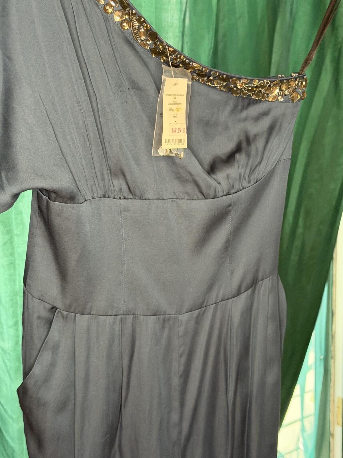 Bebe Bebe NWT Jeweled One Should Satin Jumpsuit Navy/ Size 2 Size 26" / US 2 / IT 38 - 6 Thumbnail