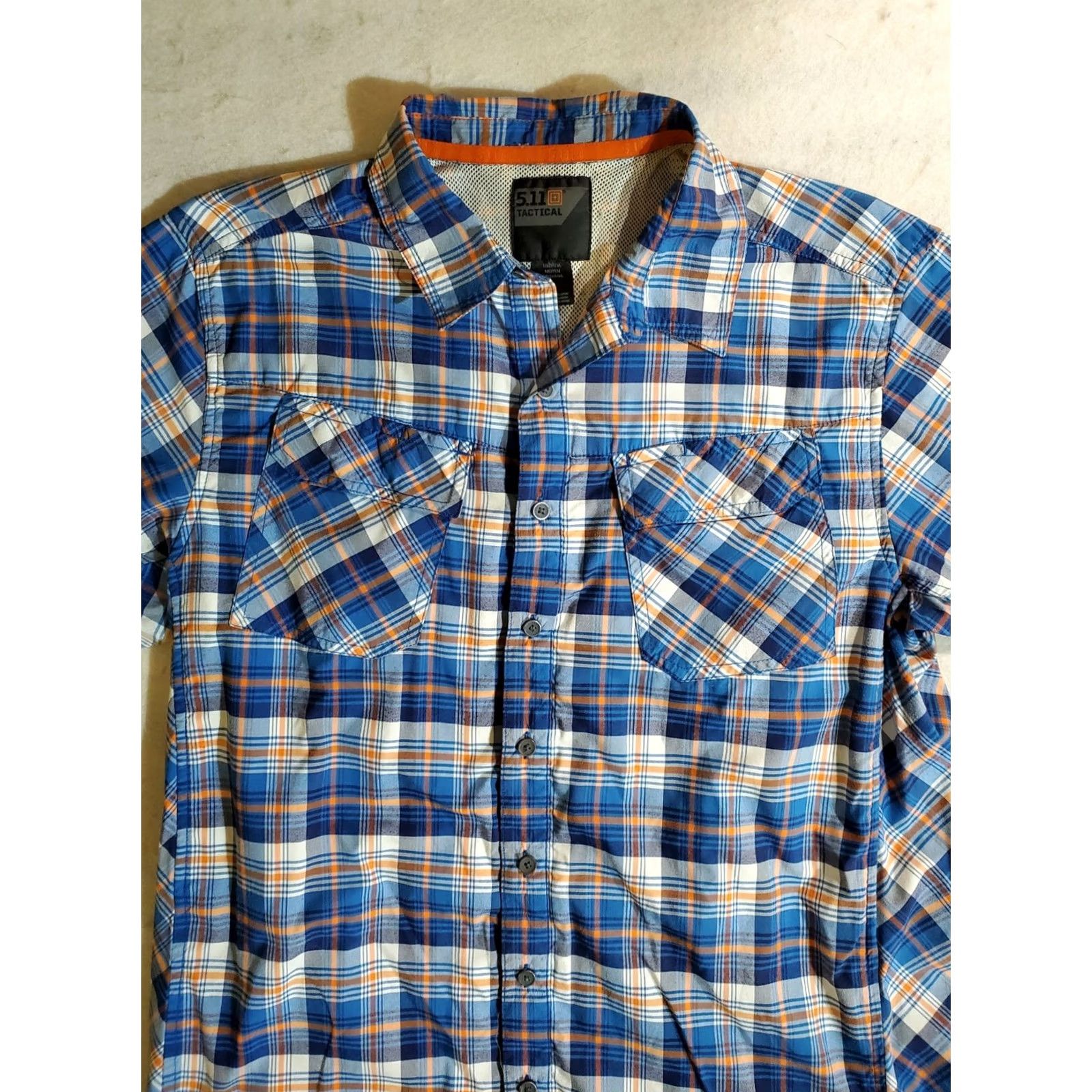 Vintage 5.11 Tactical Signature Button Up Short Sleeve Shirt - Mens Med Blue/Orange Plaid, Nylon/Polyester, Lightweight, Breathable, Pockets, Casual/Workwear Size US M / EU 48-50 / 2 - 2 Thumbnail