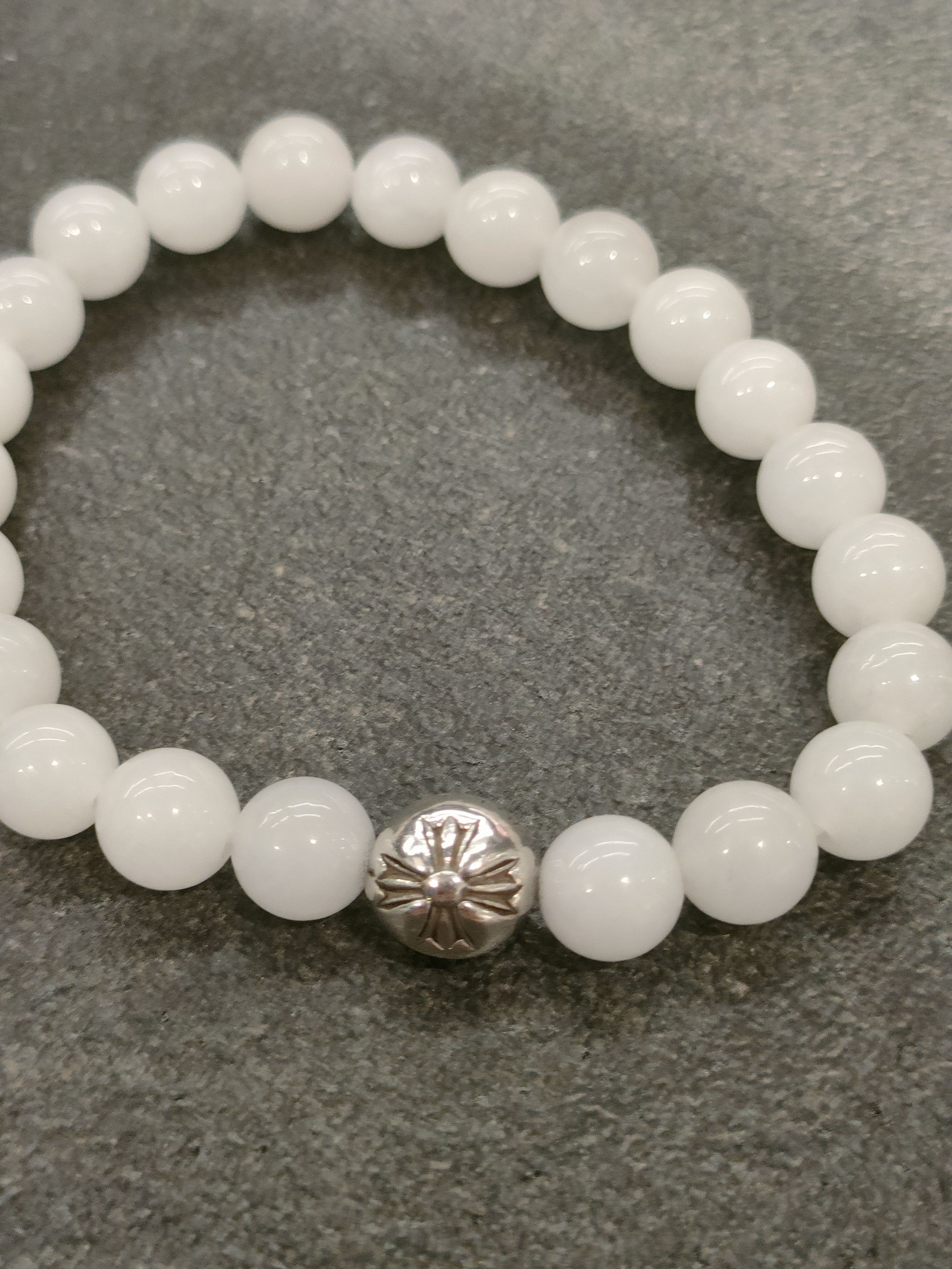 Chrome Hearts Chrome Hearts 8mm Single Silver White Agate Cross Bracelet Size ONE SIZE - 6 Thumbnail