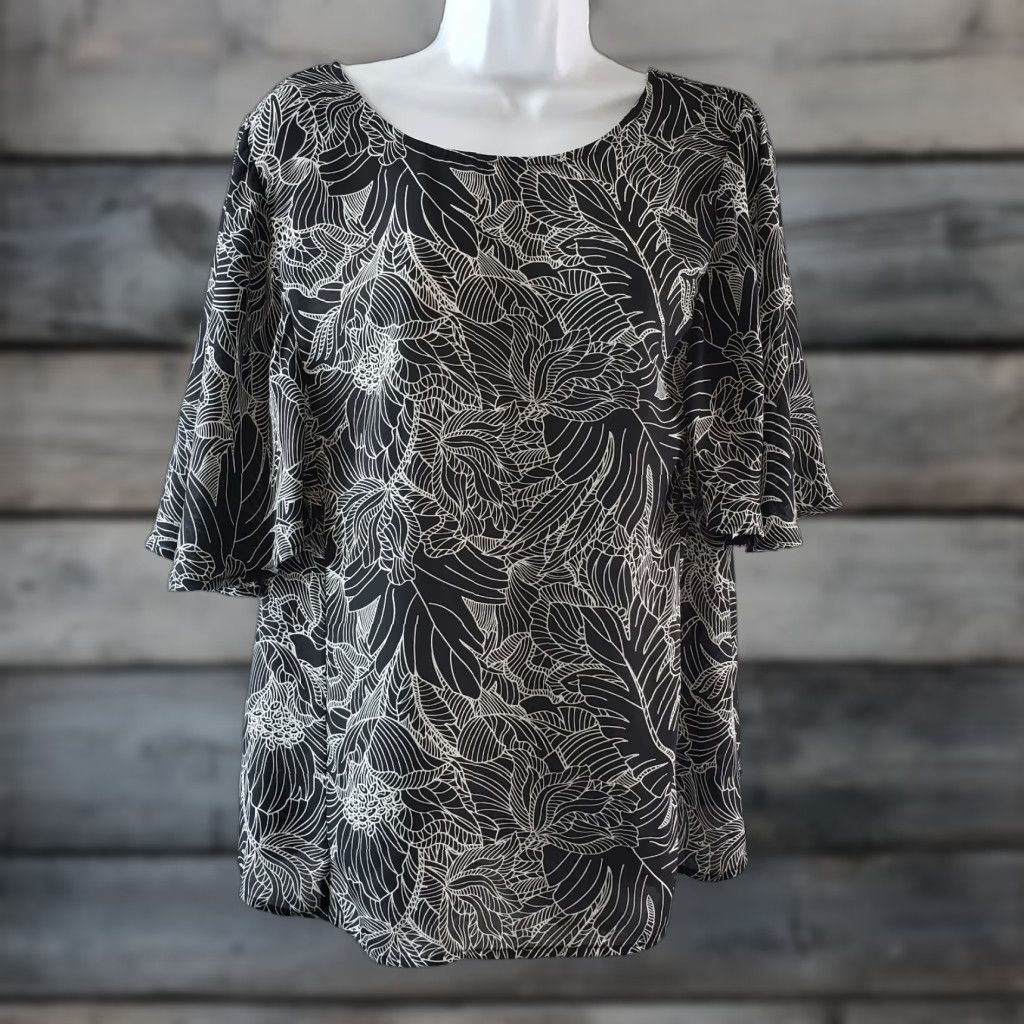 Vintage Daniel Rainn Womens Blouse Large Black White Floral Scoop Neck Back Size L / US 10 / IT 46 - 1 Thumbnail