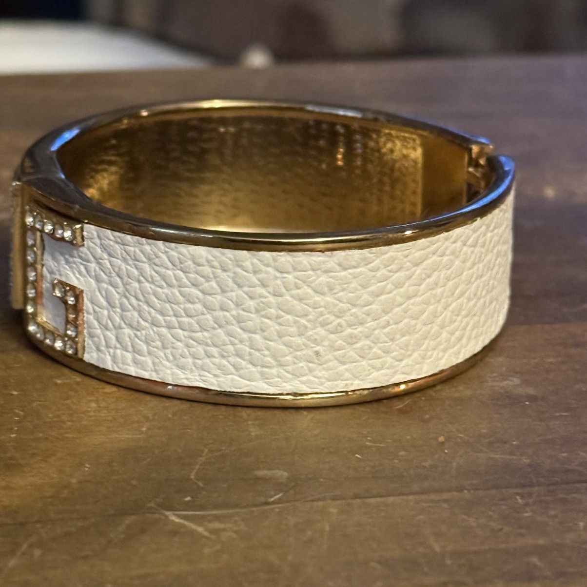 Other Gold white leather inlay rhinestone accent bangle bracelet Size ONE SIZE - 6 Thumbnail