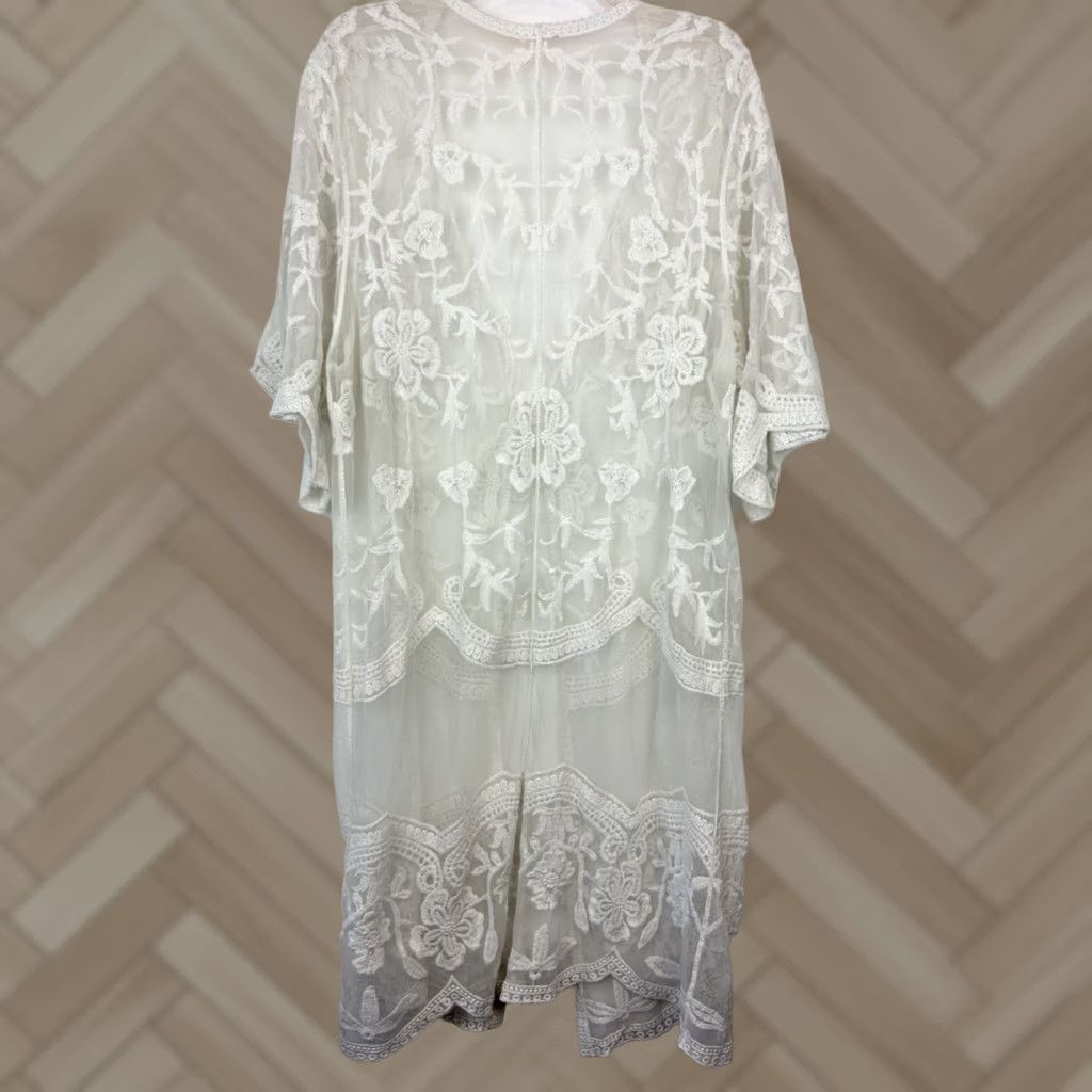 Vintage Lace Sheer Floral Kimono Duster Womens Large White Festival Fairy Coquette Tie Size L / US 10 / IT 46 - 1 Thumbnail