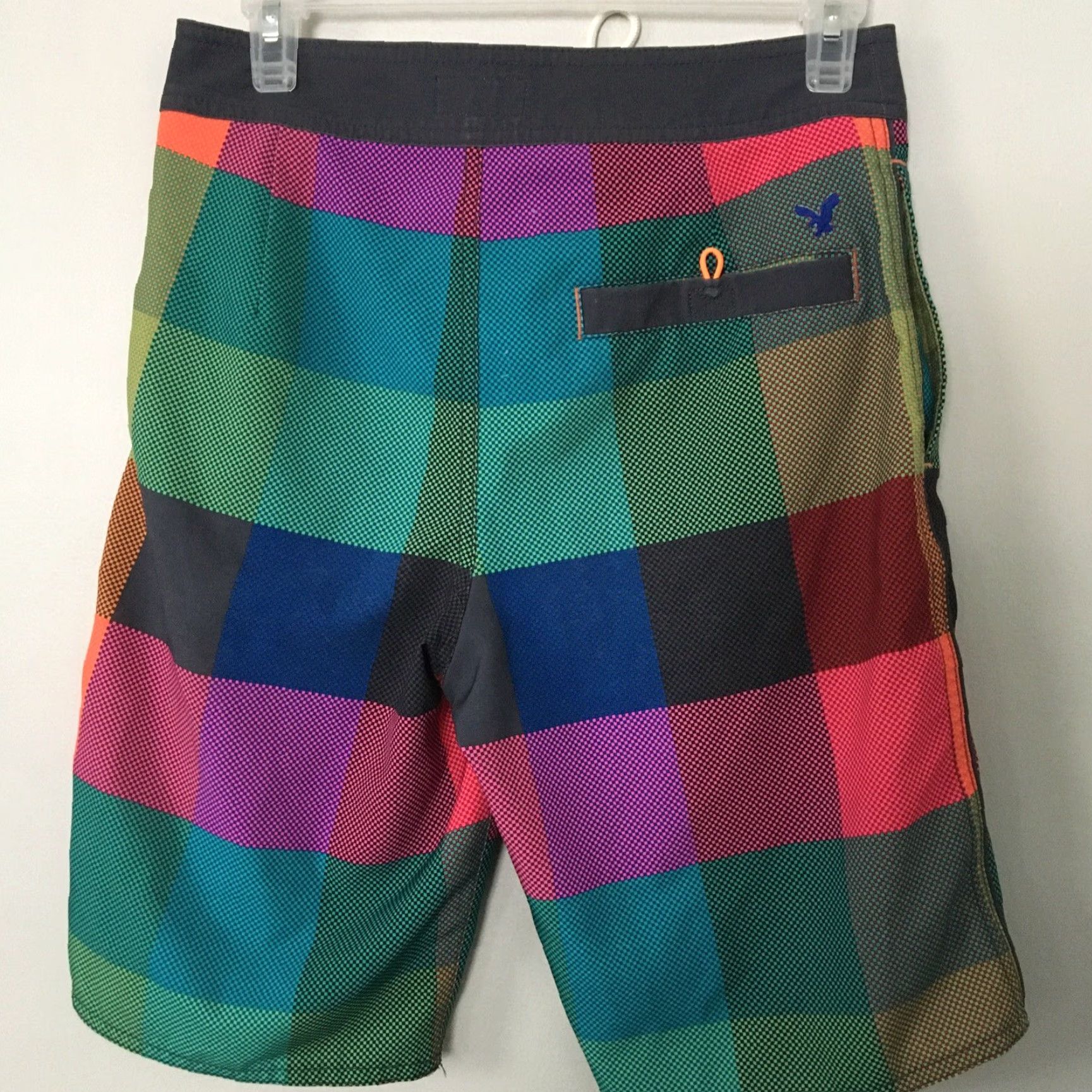 American Eagle Outfitters American Eagle Outfitters Board Shorts Men XS Color block Neon Plaid Swim Trunks Microfiber Polyester Beach Pockets Regular Multicolor Mens XS Size US 27 - 3 Thumbnail
