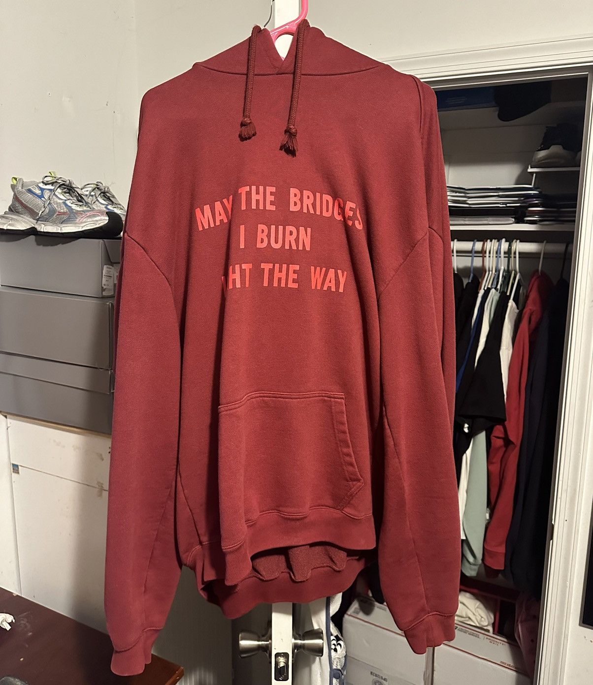 image of Vetements May The Bridges I Burn Hoodie in Burgandy, Men's (Size Small)