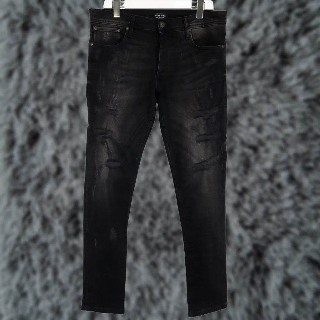 Jack & Jones JACK & JONES Slim Fit Glenn Jeans Men's W33/L32 Black Faded Distressed Whiskers Jeans Size US 33 - 1 Thumbnail