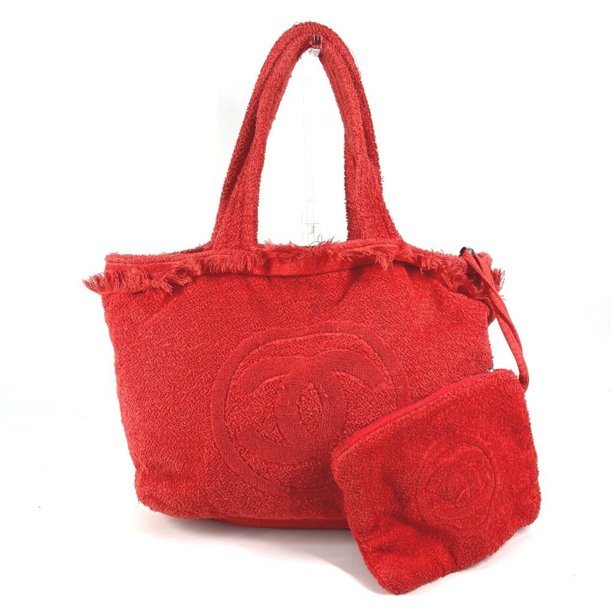 Chanel Pile With Pouch, Deka Coco Cc, Mark, Logo, Shoulder Bag, Tote Beach Cotton, Women's, Red