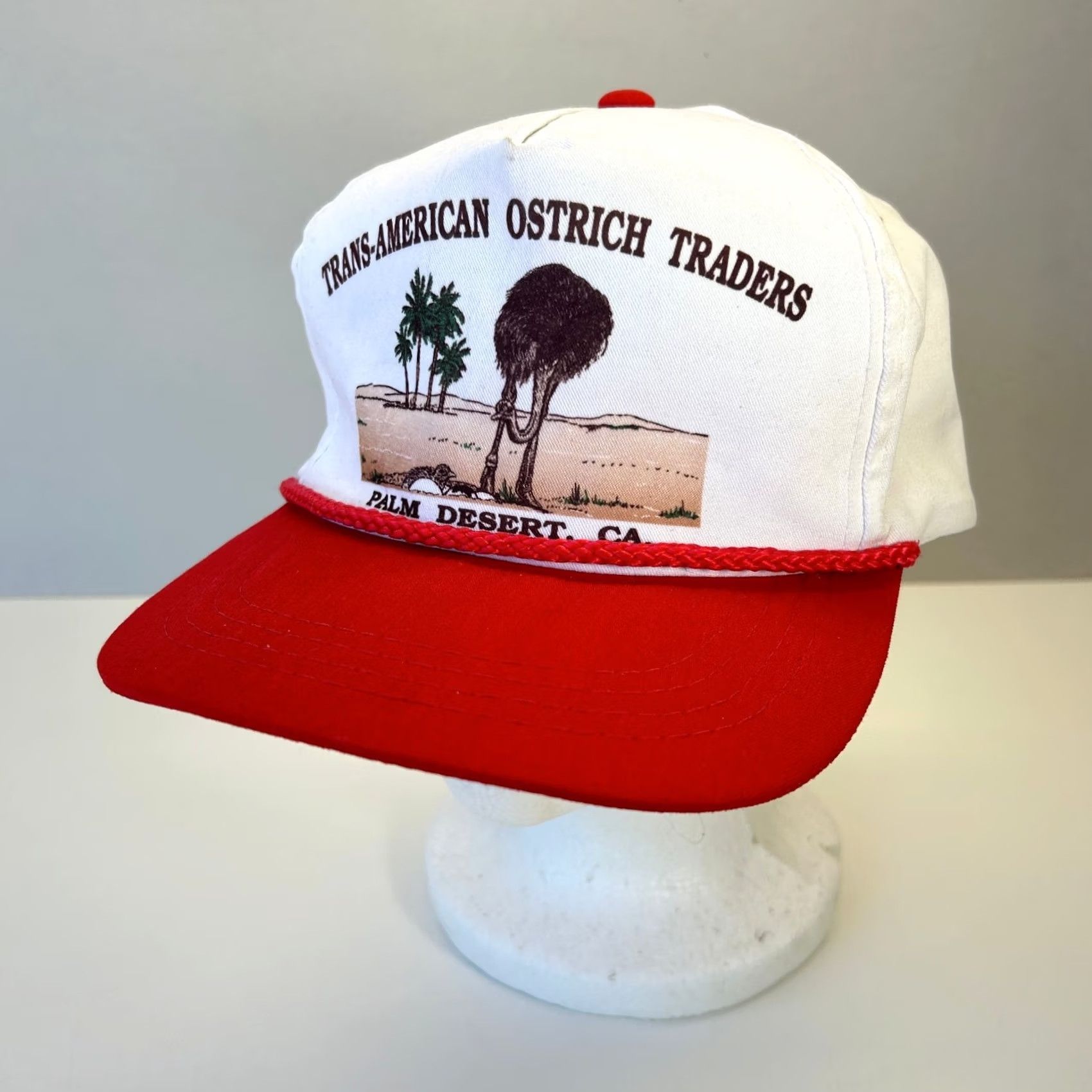 Vintage Vintage Trans-American Ostrich Traders Snapback Hat Palm Desert CA White Red Men One Size White Snapback 80s 90s USA Adjustable Size ONE SIZE - 2 Thumbnail