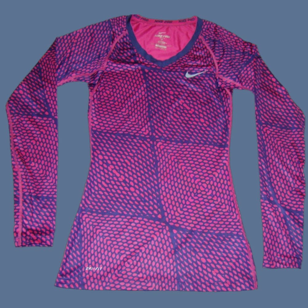 Nike Nike Pro Dri-Fit Womens XS Long Sleeve V-Neck Purple Pink Geometric Fitted Top Size XS / US 0-2 / IT 36-38 - 1 Thumbnail