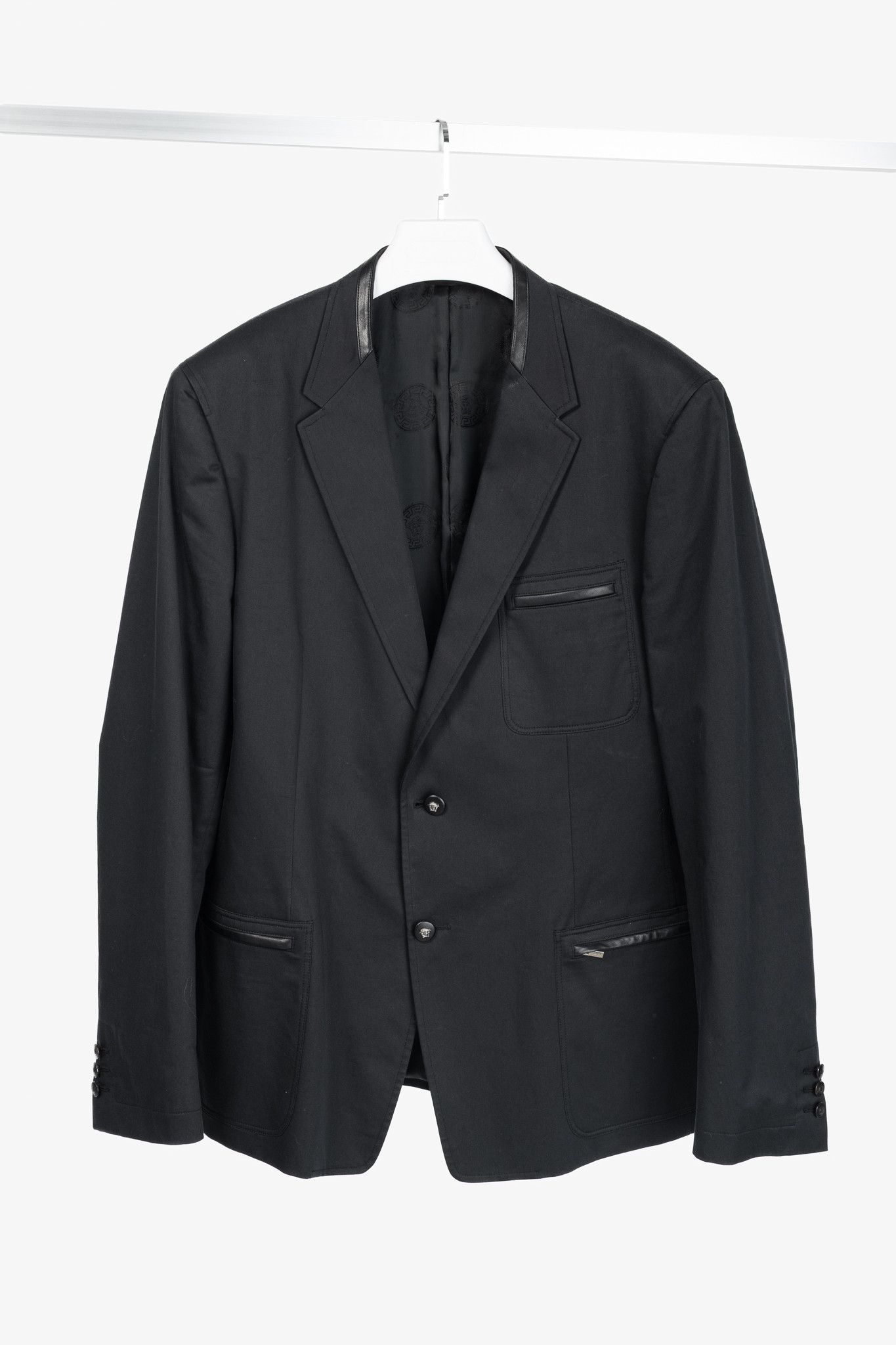 Versace Versace Black Stretch-Cotton Leather-Trim Blazer Size 48R - 1 Thumbnail