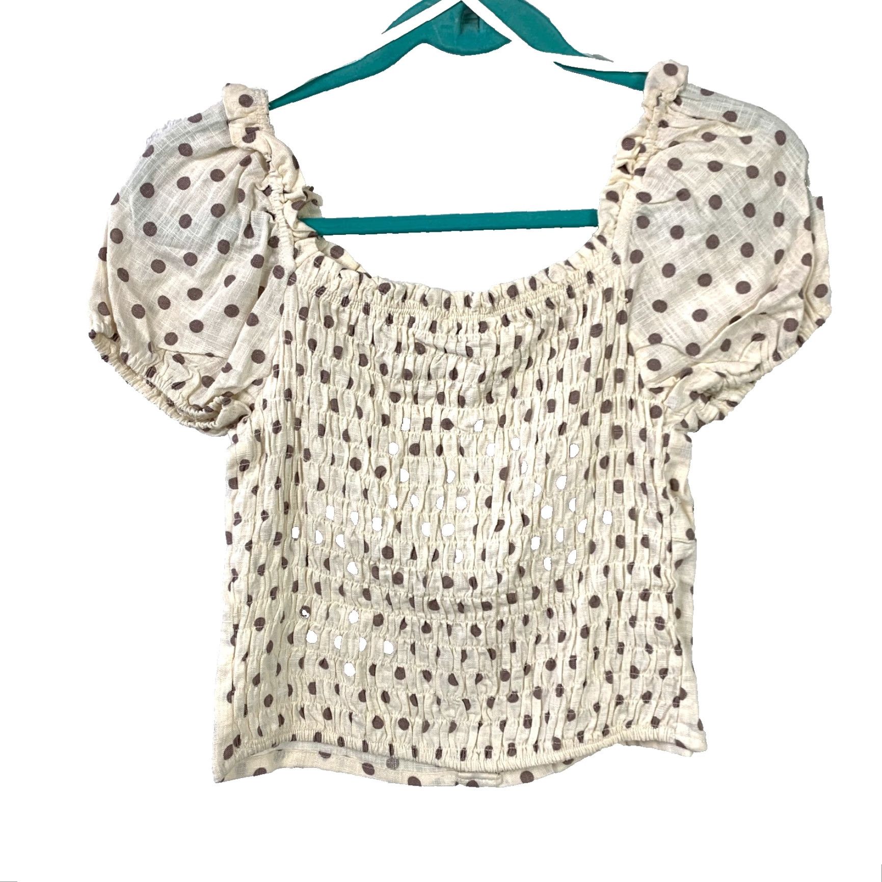 Vintage Monteau Los Angeles Brown Pinup Polka Dot Puff Sleeve Blouse Shirt Medium NWT Linen Rayon Ivory Short Sleeve Ladies Regular Size M / US 6-8 / IT 42-44 - 5 Thumbnail