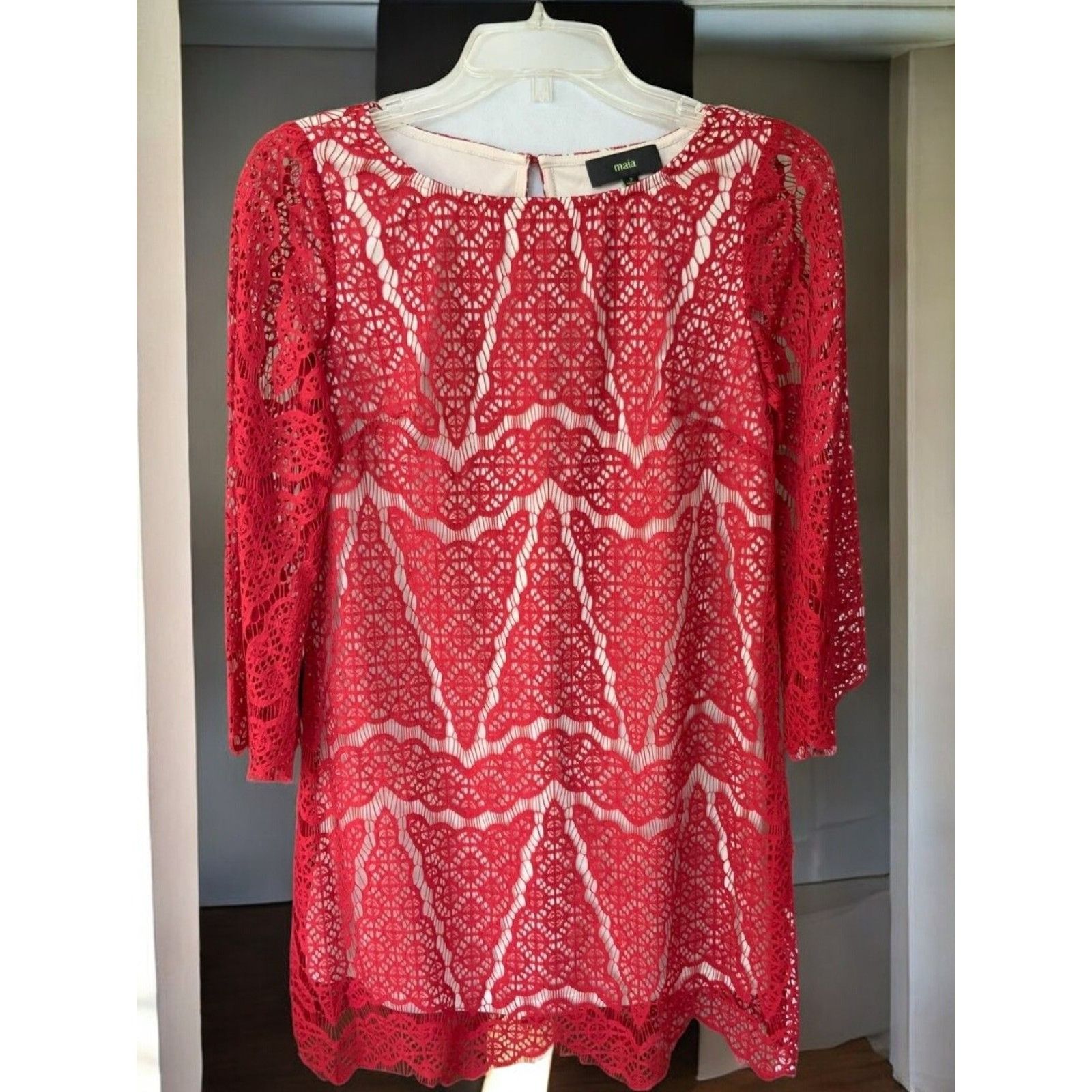 Designer Maia Designer Red Lace Scalloped Edge Shift Dress New 2 Size XS / US 0-2 / IT 36-38 - 9 Thumbnail
