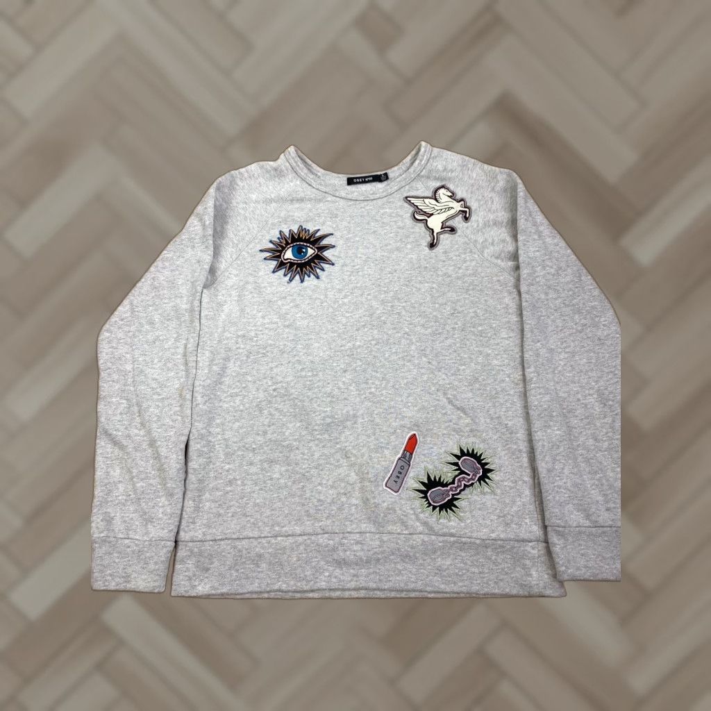Obey OBEY Sweater Womens S Pullover Crew Neck Long Sleeve Gray Distress Logo Unicorn Lipstick Skateboard Pattern Solid Vintage? No. Size S / US 4 / IT 40 - 1 Thumbnail